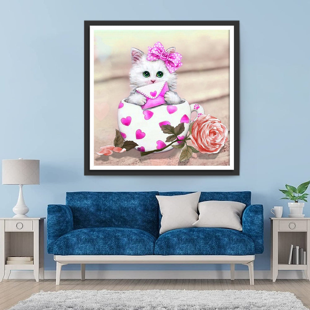 Kat met een Liefdesbrief in een Liefdesbeker Diamond Painting