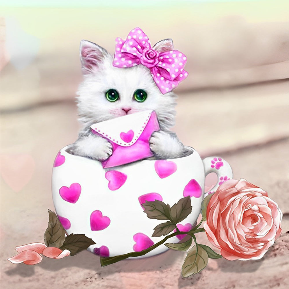 Kat met een Liefdesbrief in een Liefdesbeker Diamond Painting