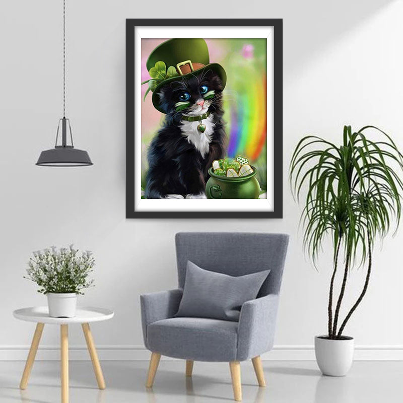 Kat met Groene Geluksstrohoed Diamond Painting