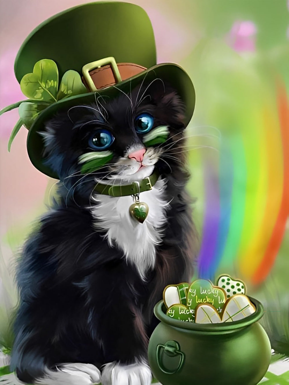 Kat met Groene Geluksstrohoed Diamond Paintingw