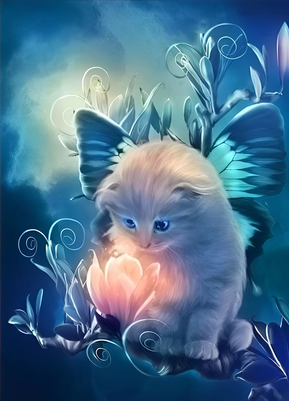 Kat met Grote Vlindervleugels Kijkt naar Heldere Bloem Diamond Painting