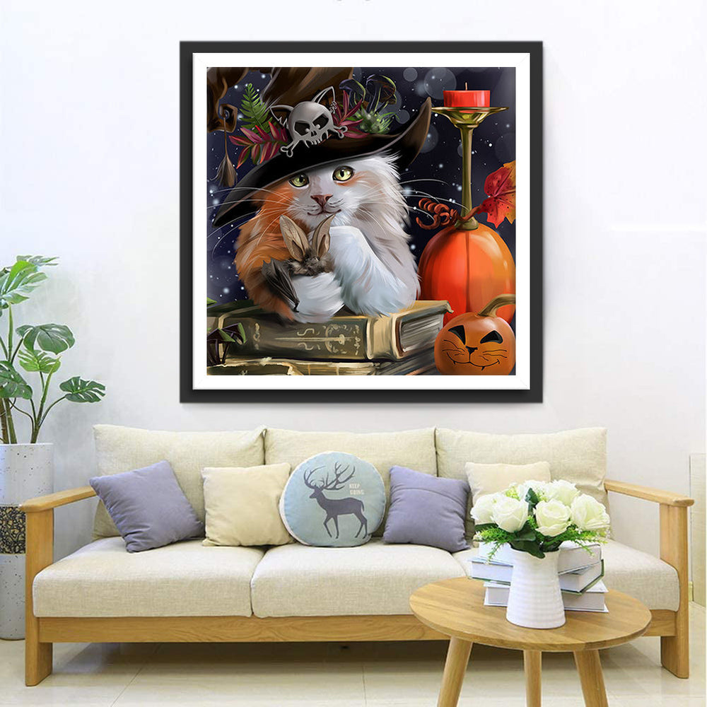 Kat met Heksenaccessoires en Pompoen Diamond Painting