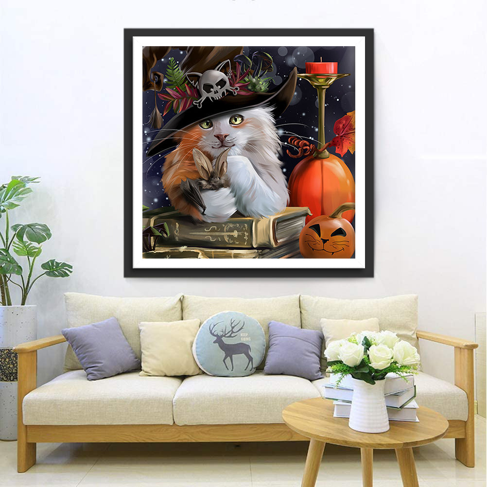 Kat met Heksenaccessoires en Pompoen Diamond Painting