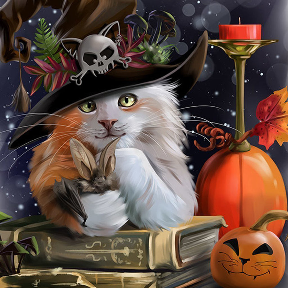 Kat met Heksenaccessoires en Pompoen Diamond Painting