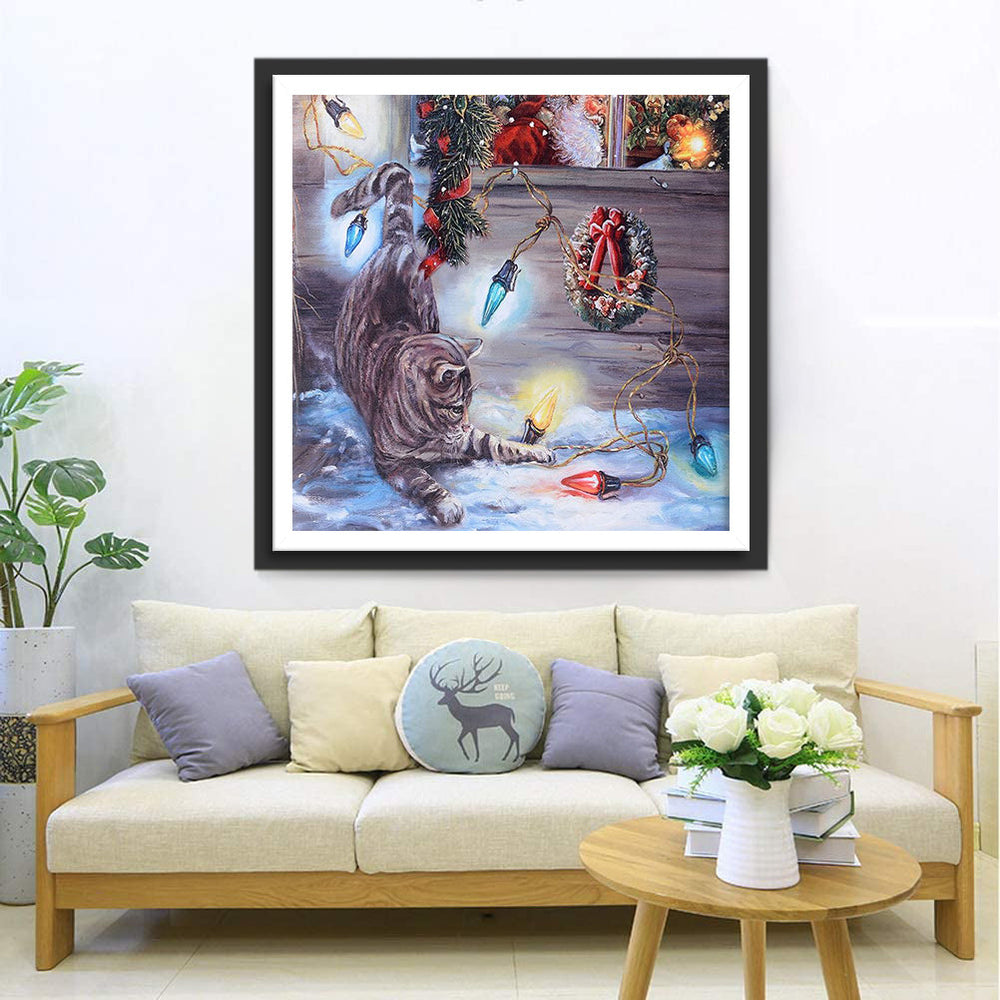 Kat met Kerstlichtjes Diamond Painting