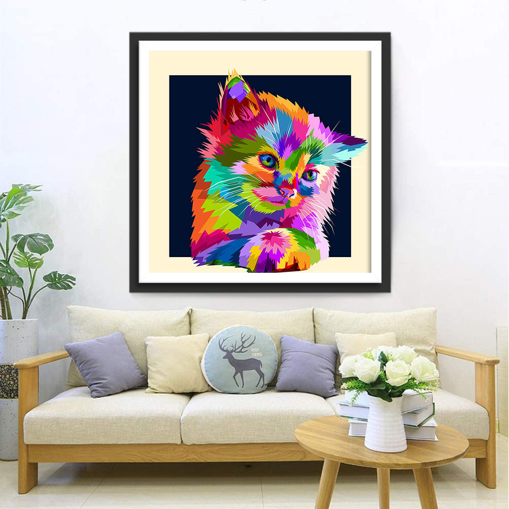 Kat met Kleurrijke Vacht Diamond Painting