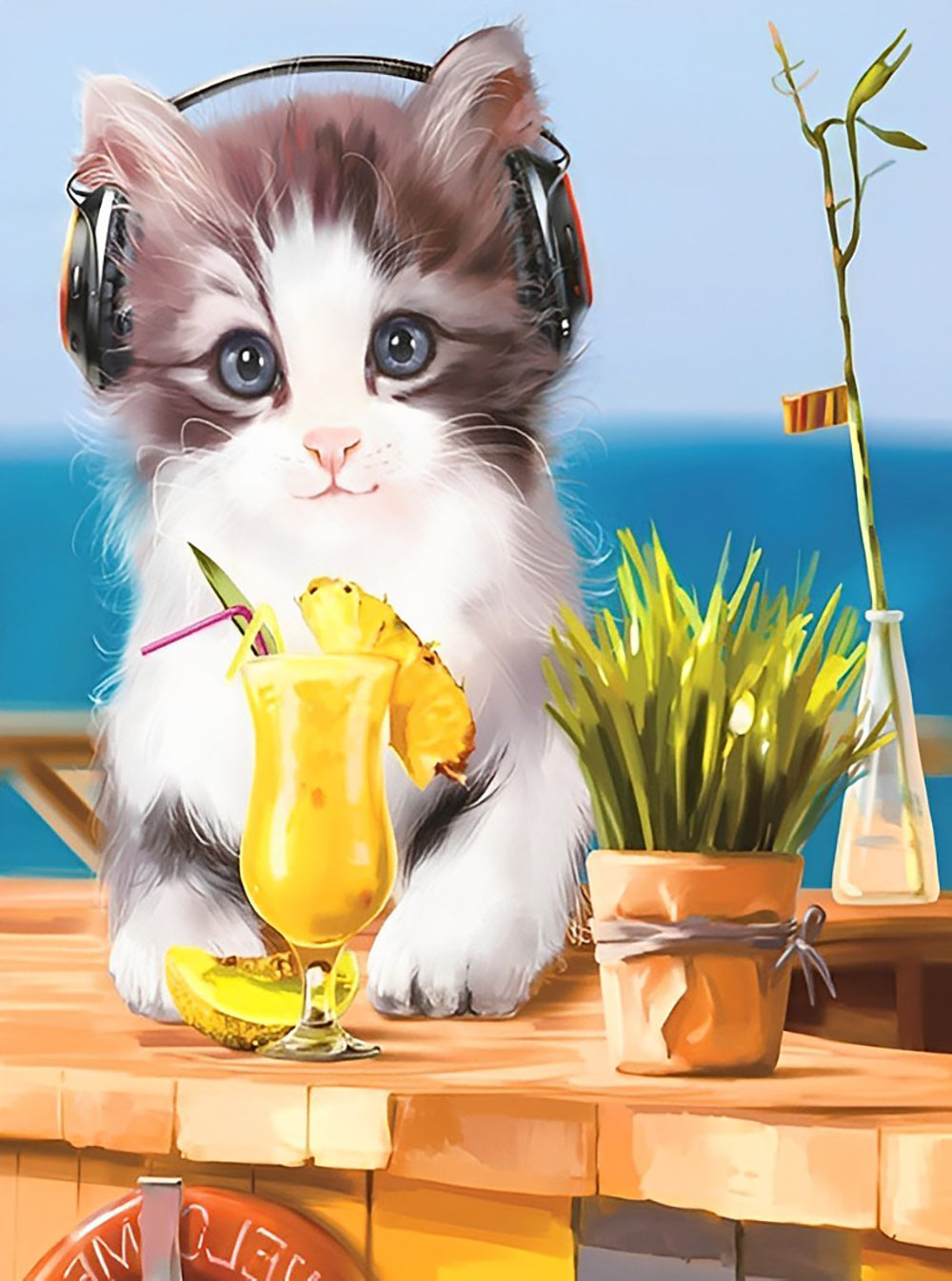 Kat met Koptelefoon Drinkt Sap Diamond Painting