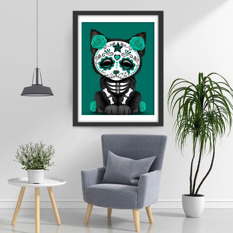 Kat met Masker en Groene Bloemen Diamond Painting