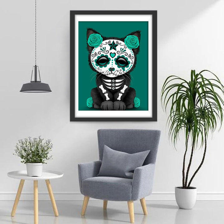 Kat met Masker en Groene Bloemen Diamond Painting