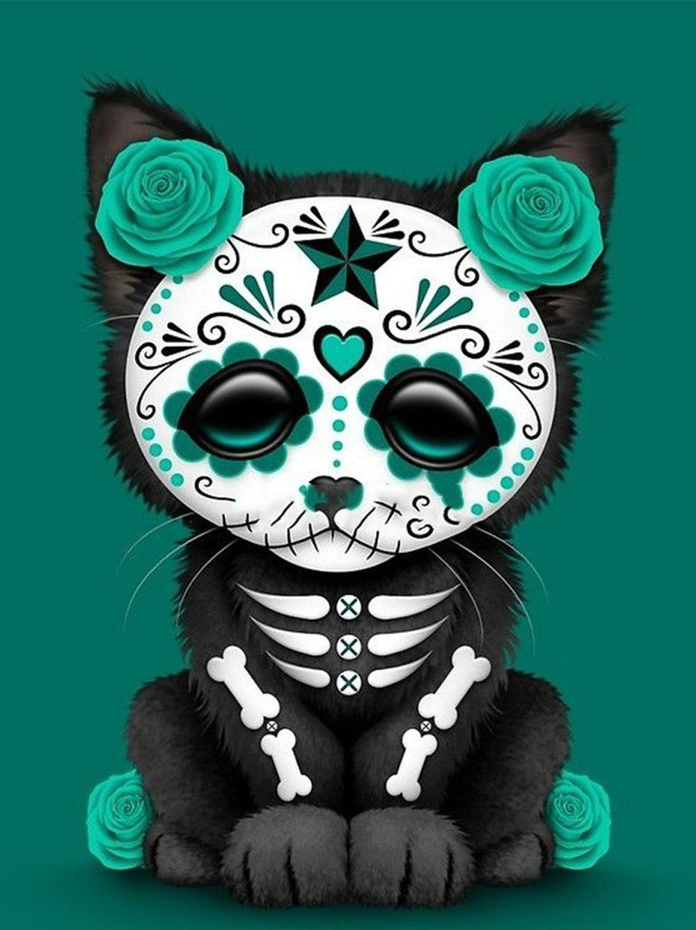 Kat met Masker en Groene Bloemen Diamond Painting