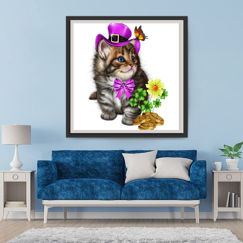 Kat met Paarse Hoed en Strik Diamond Painting