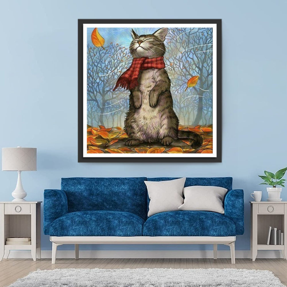 Kat met Rode Sjaal op Gevallen Bladeren Diamond Painting