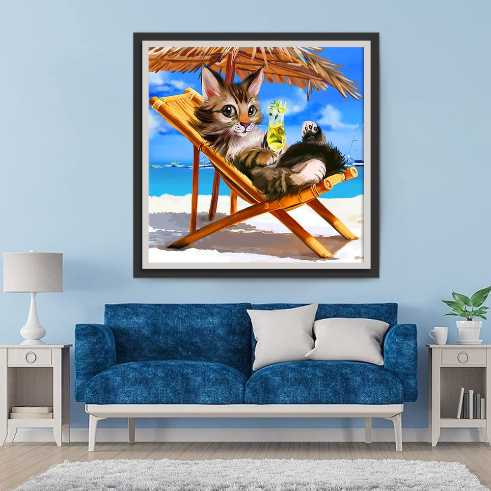 Kat met Sap op Strandstoel Diamond Painting