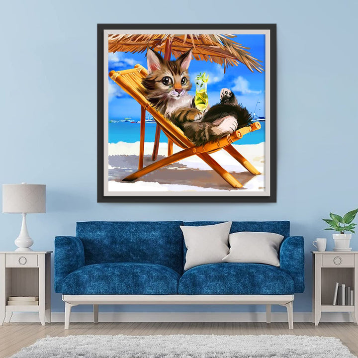 Kat met Sap op Strandstoel Diamond Painting
