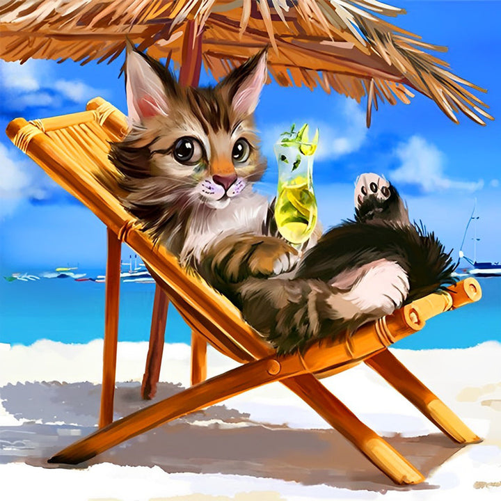 Kat met Sap op Strandstoel Diamond Painting
