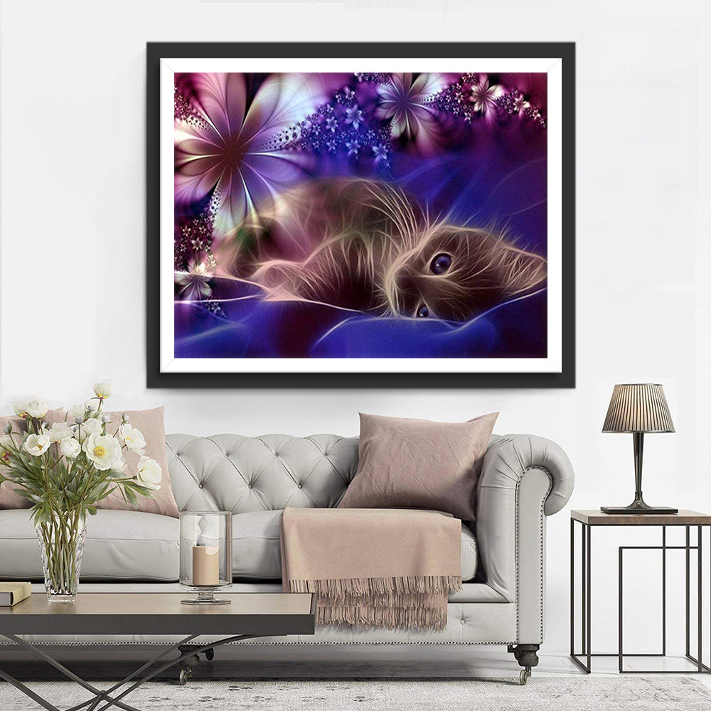 Kat op Blauwe zijden Stof Diamond Painting