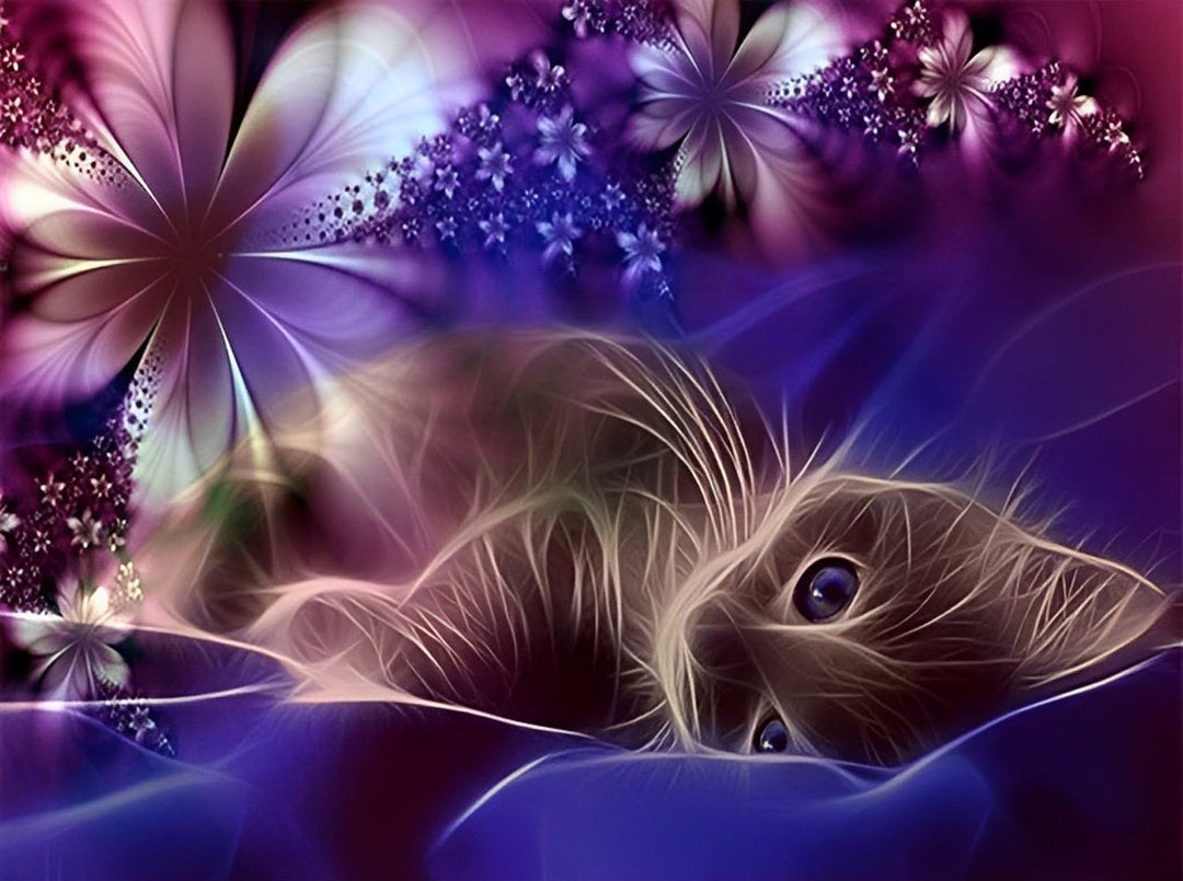 Kat op Blauwe zijden Stof Diamond Painting
