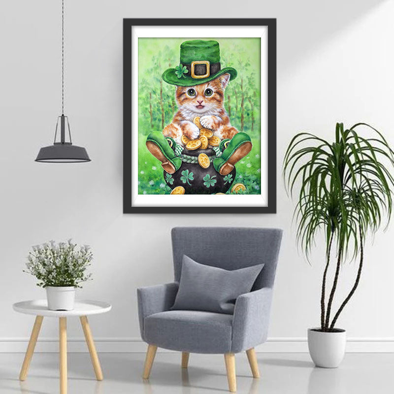 Kat op een pot met een klavertjevier Diamond Painting