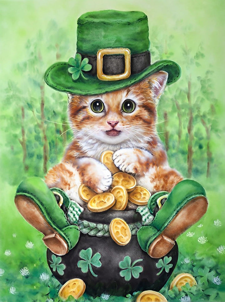 Kat op een pot met een klavertjevier Diamond Painting