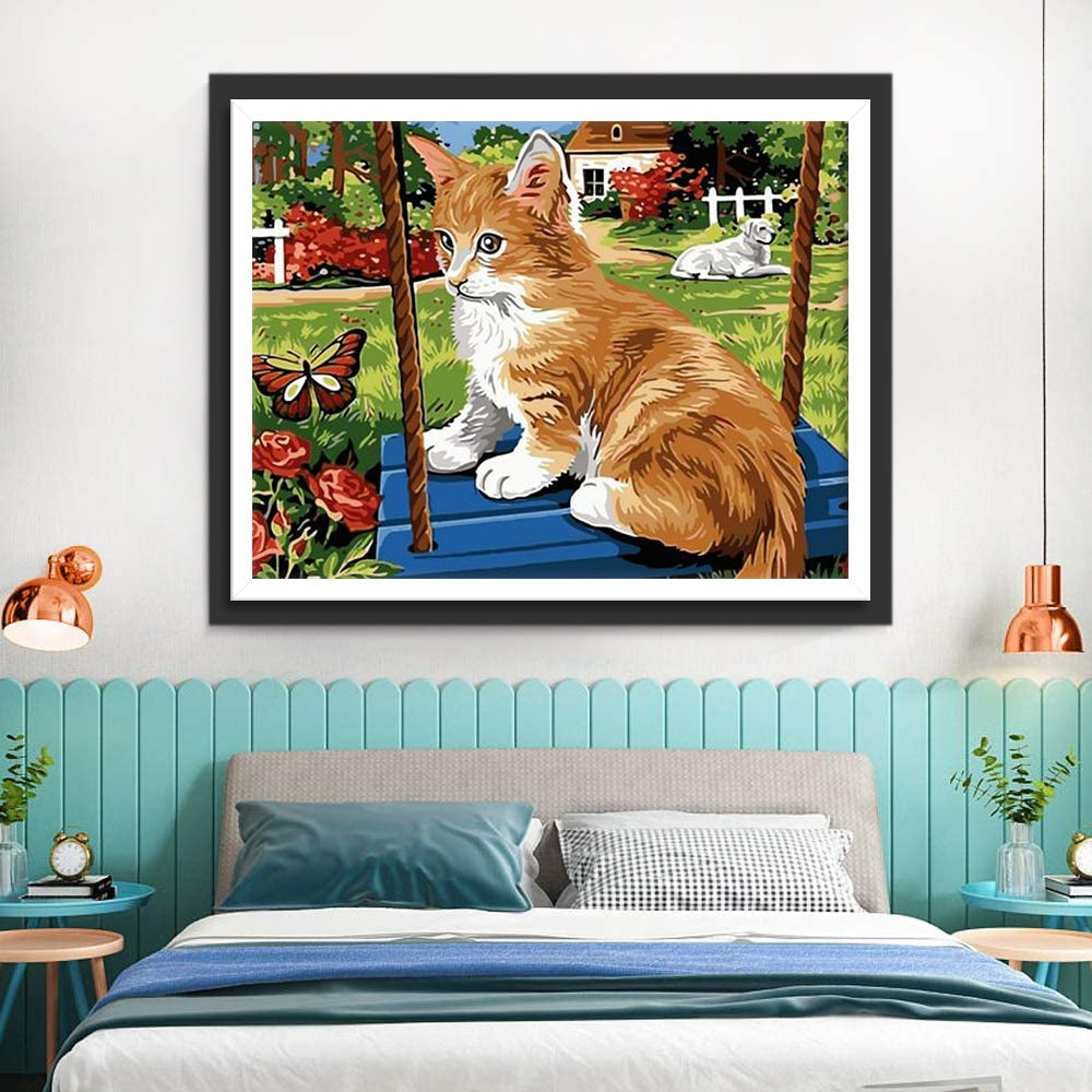 Kat op een Schommel in de Tuin Diamond Painting