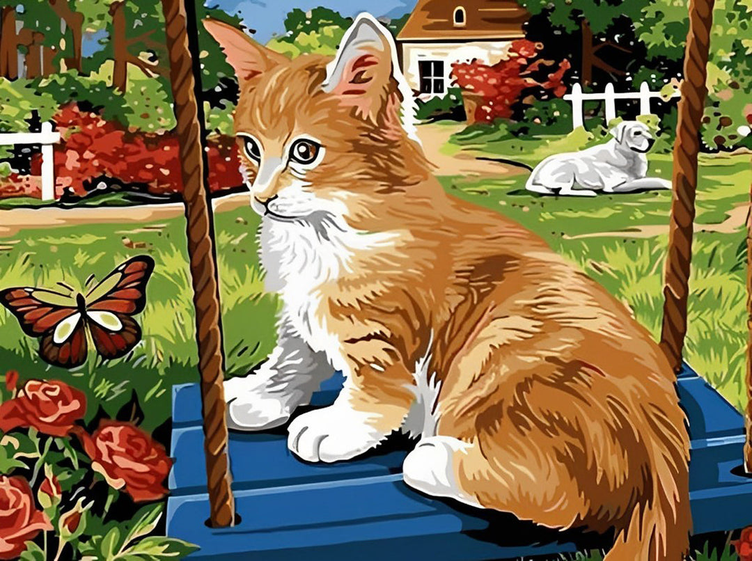 Kat op een Schommel in de Tuin Diamond Painting