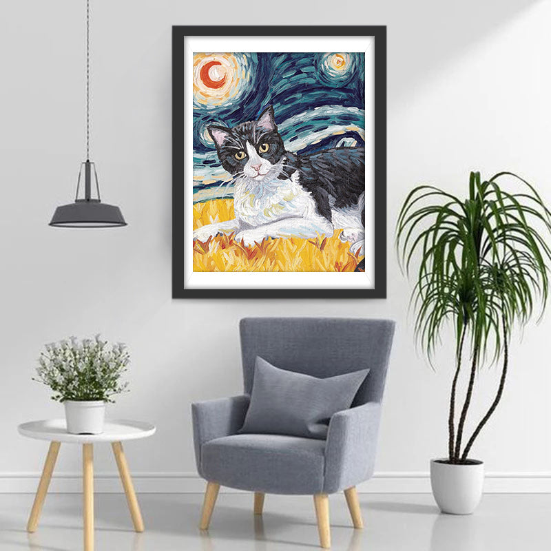 Kat op het Korenveld onder de Sterrennacht Diamond Painting