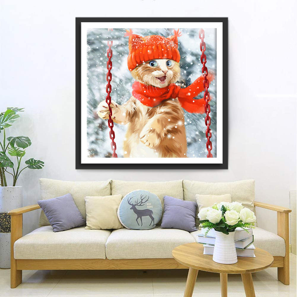 Kat op Schommel in Sneeuw Diamond Painting