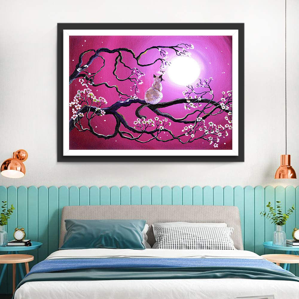 Kat op Tak die naar de Maan Kijkt Diamond Painting