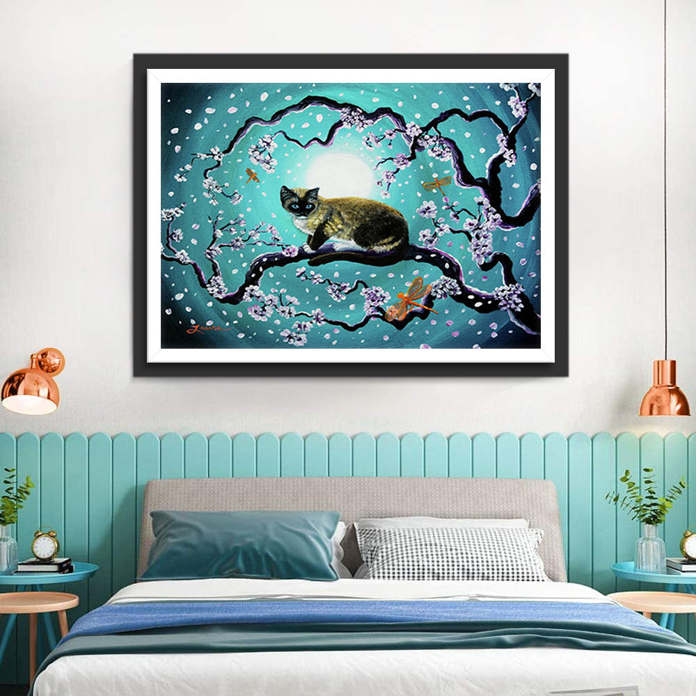 Kat op Tak onder de Maan Diamond Painting