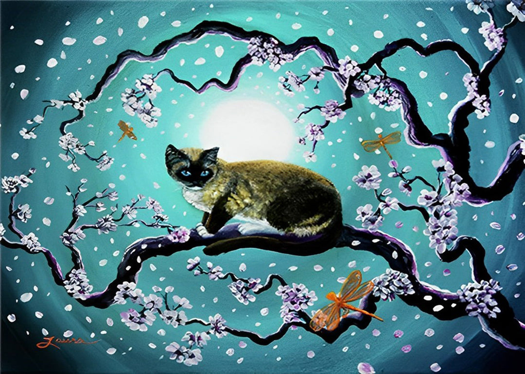 Kat op Tak onder de Maan Diamond Painting