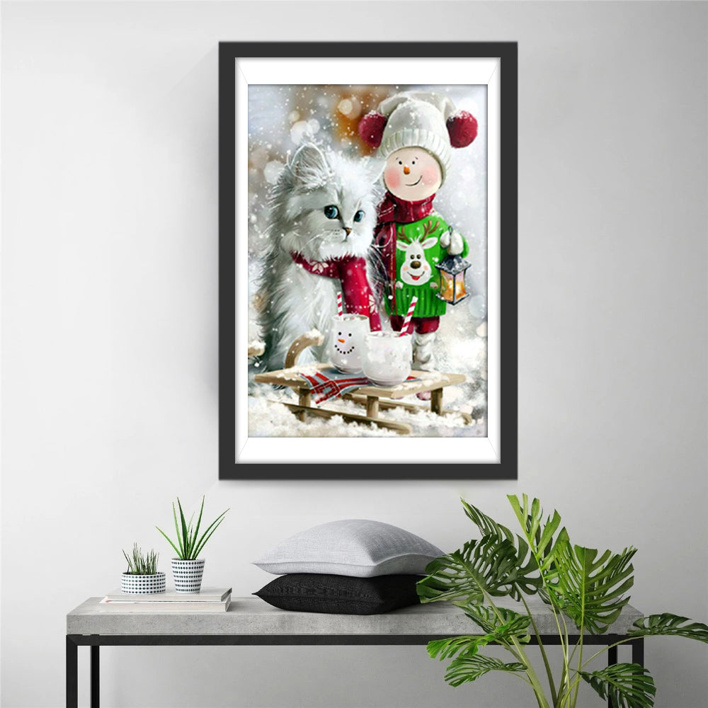 Kat, Sneeuwpop en Kerstmannetje Diamond Painting