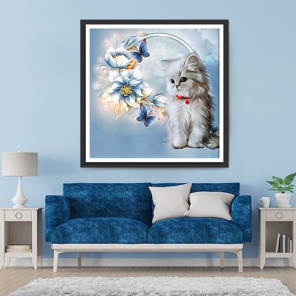 Kat tussen de Blauwe Bloemen en Vlinders Diamond Painting