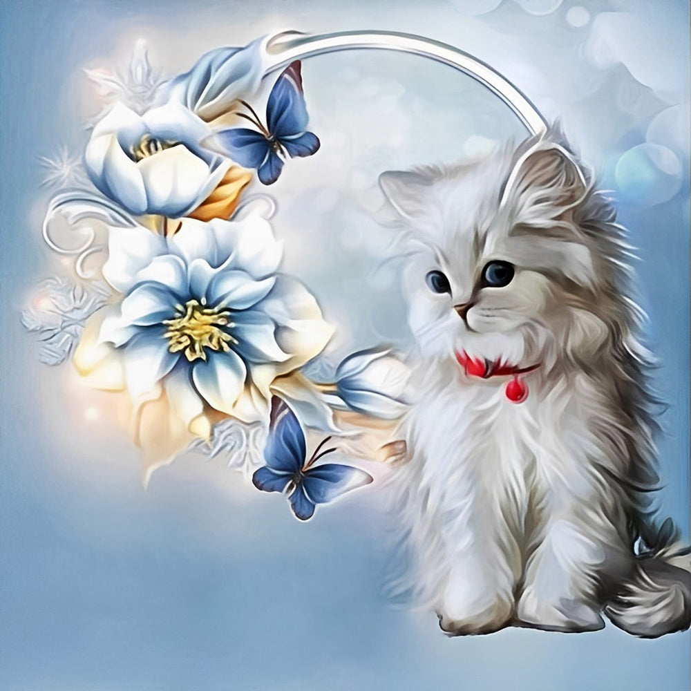 Kat tussen de Blauwe Bloemen en Vlinders Diamond Painting