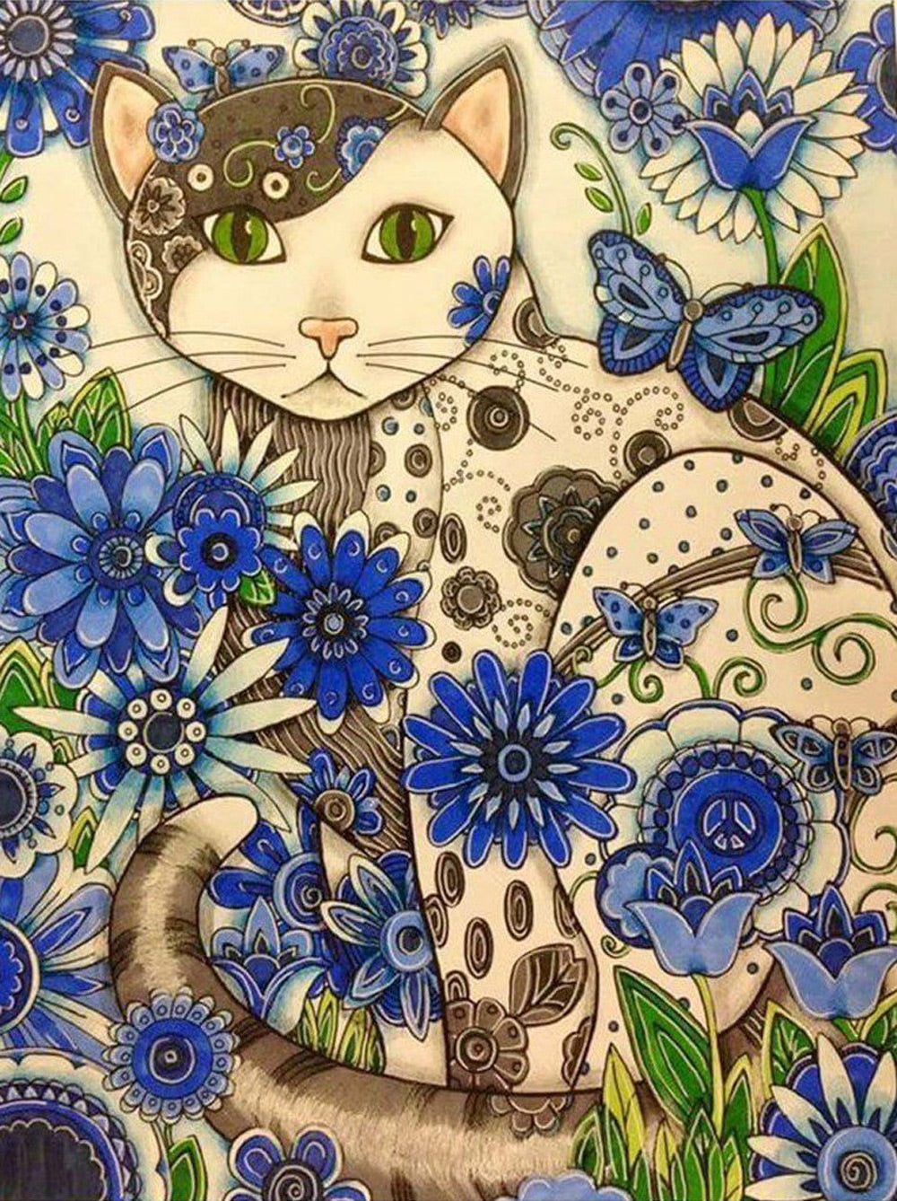 Kat vol Patronen in Blauwe Bloemen Diamond Painting