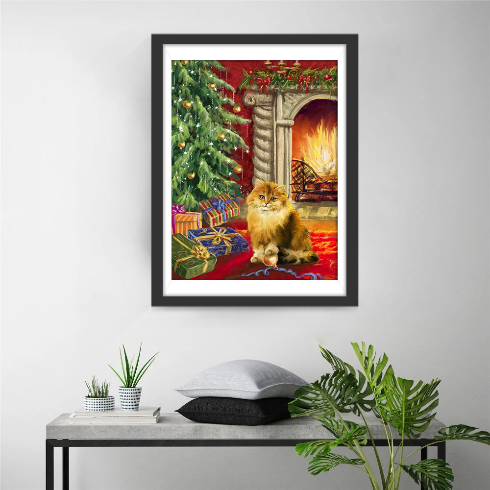 Katje Tussen Geschenken bij de Brandende Haard Diamond Painting