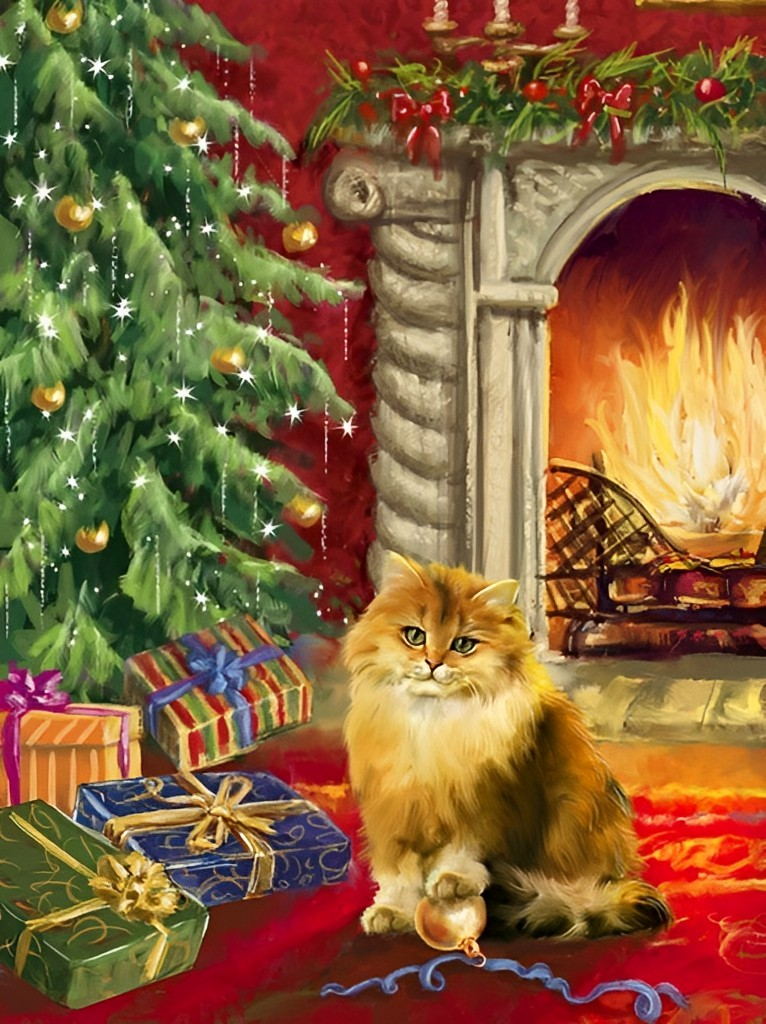 Katje Tussen Geschenken bij de Brandende Haard Diamond Painting