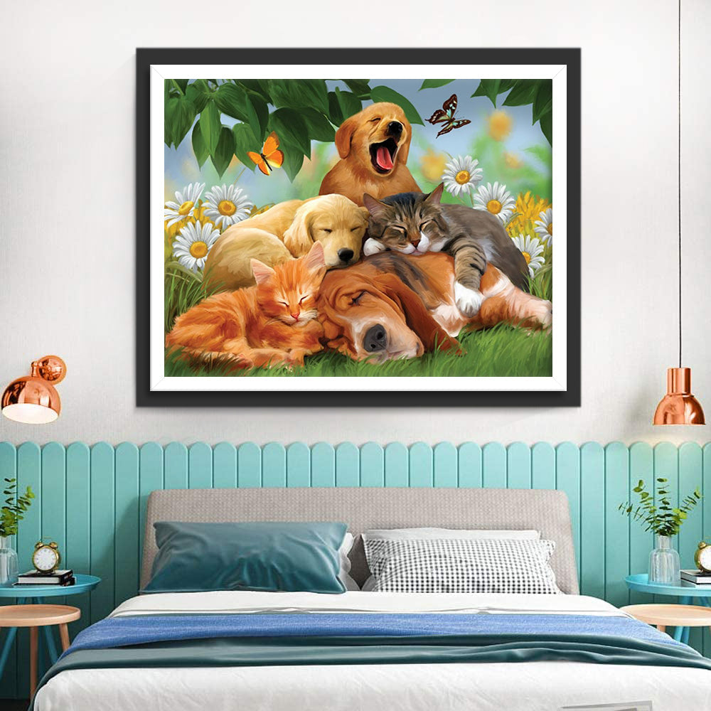 Katten en Honden in een Boeket Chrysanten Diamond Painting