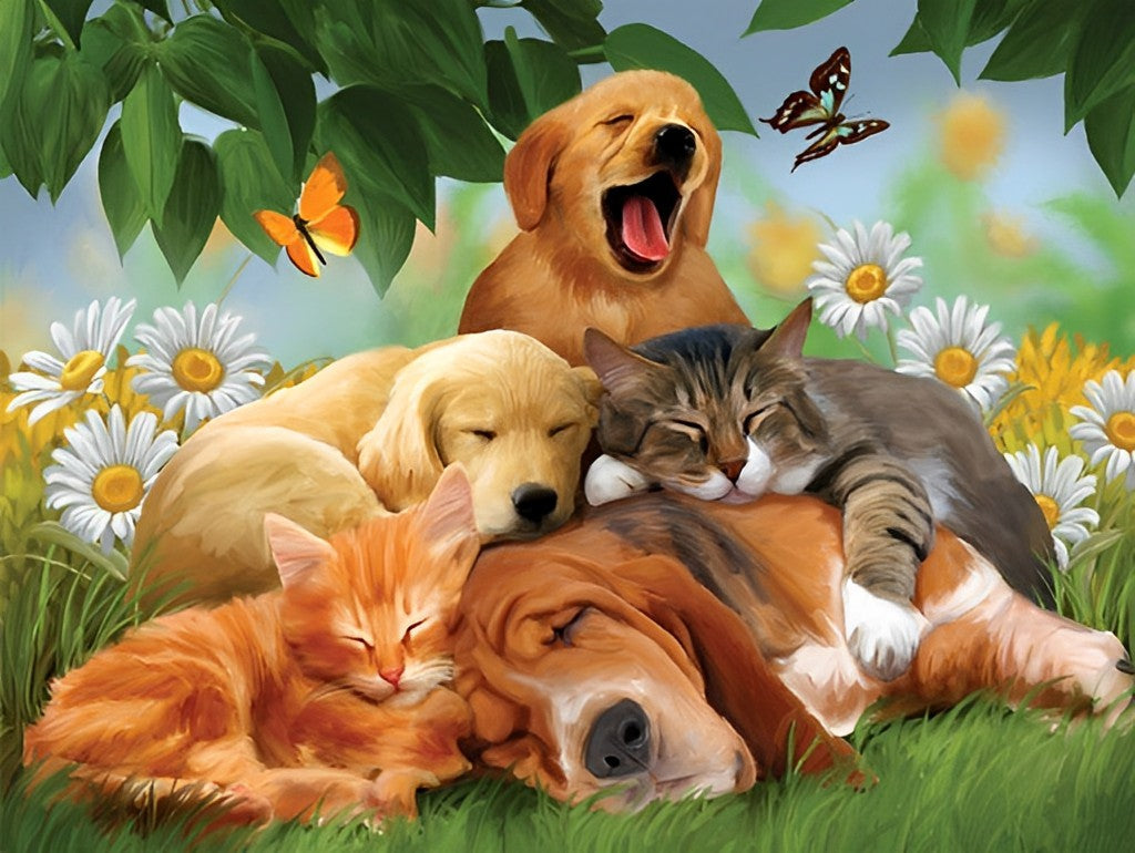Katten en Honden in een Boeket Chrysanten Diamond Painting