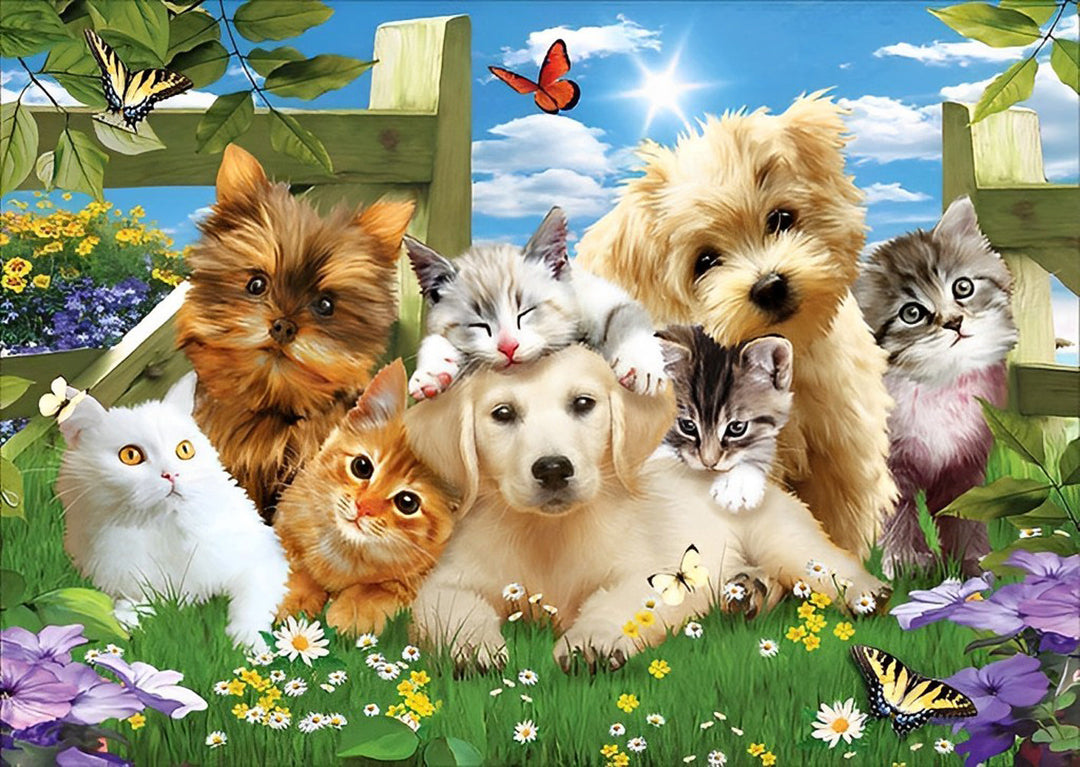 Katten en Honden op de Bloemenweide Diamond Painting