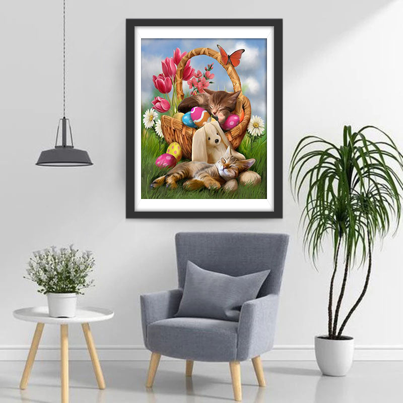 Katten en Kleurrijke Eieren in het Gras en de Mand Diamond Painting