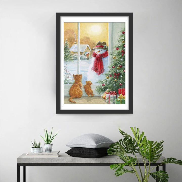 Katten en Sneeuwpop bij het Raam Diamond Painting