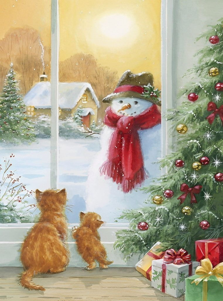 Katten en Sneeuwpop bij het Raam Diamond Painting