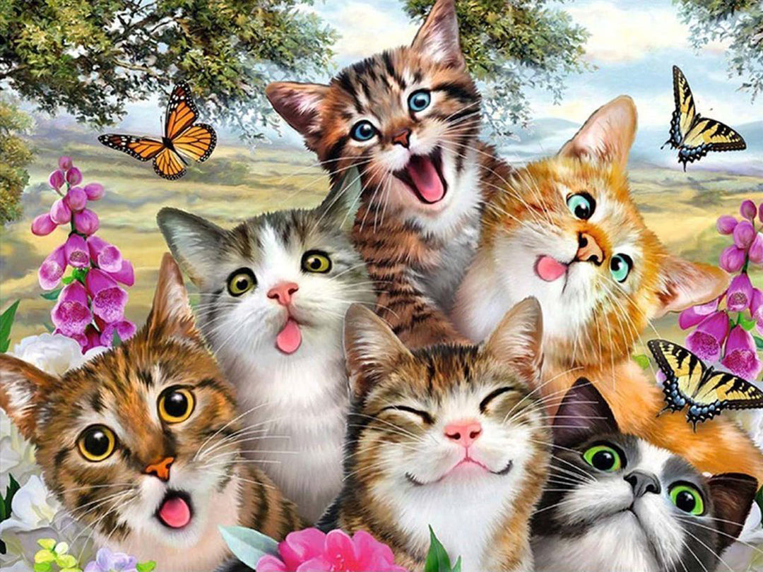 Katten en Vlinders in de Lente Diamond Painting