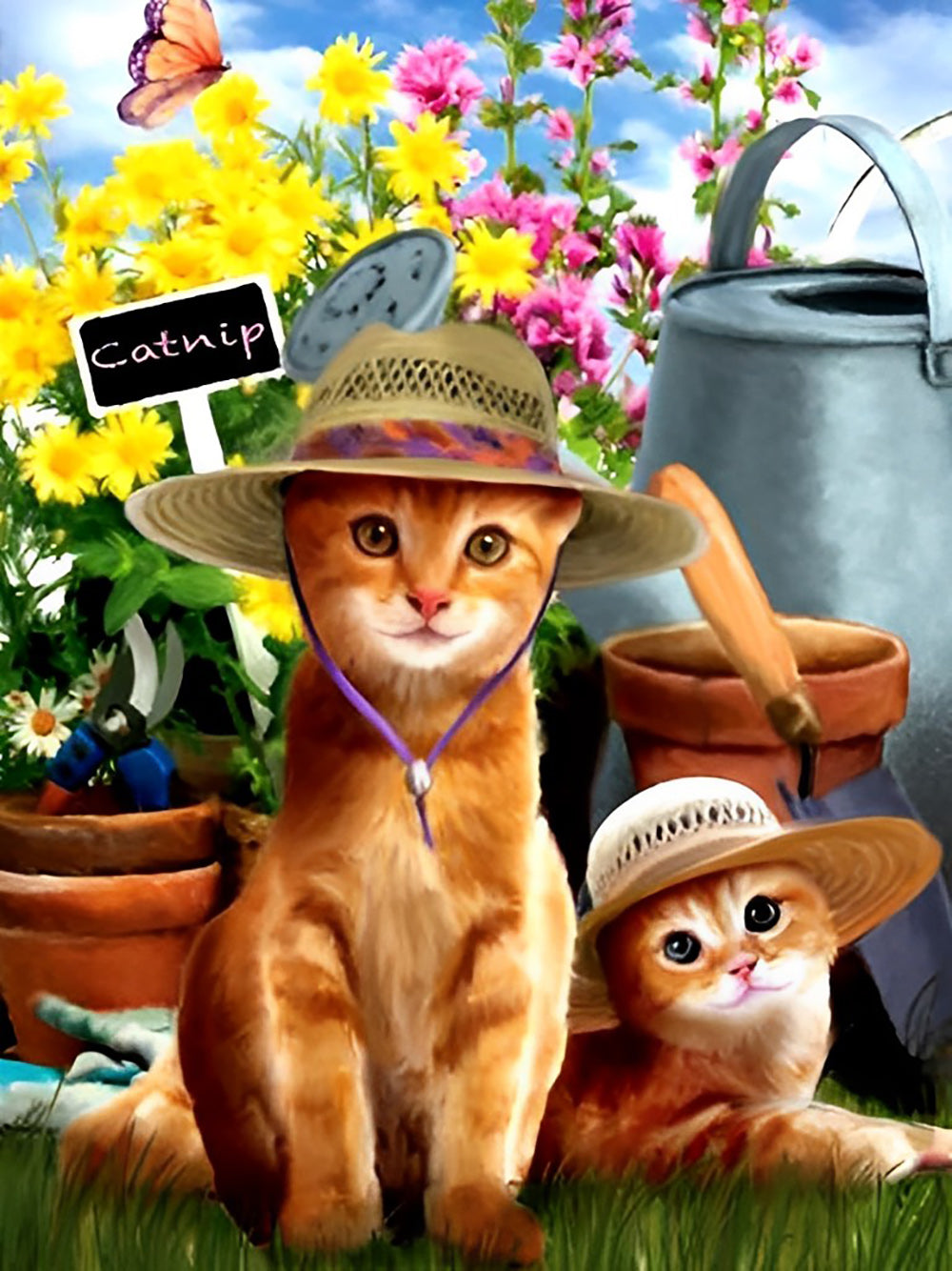 Katten met Strohoeden in de Tuin Diamond Painting