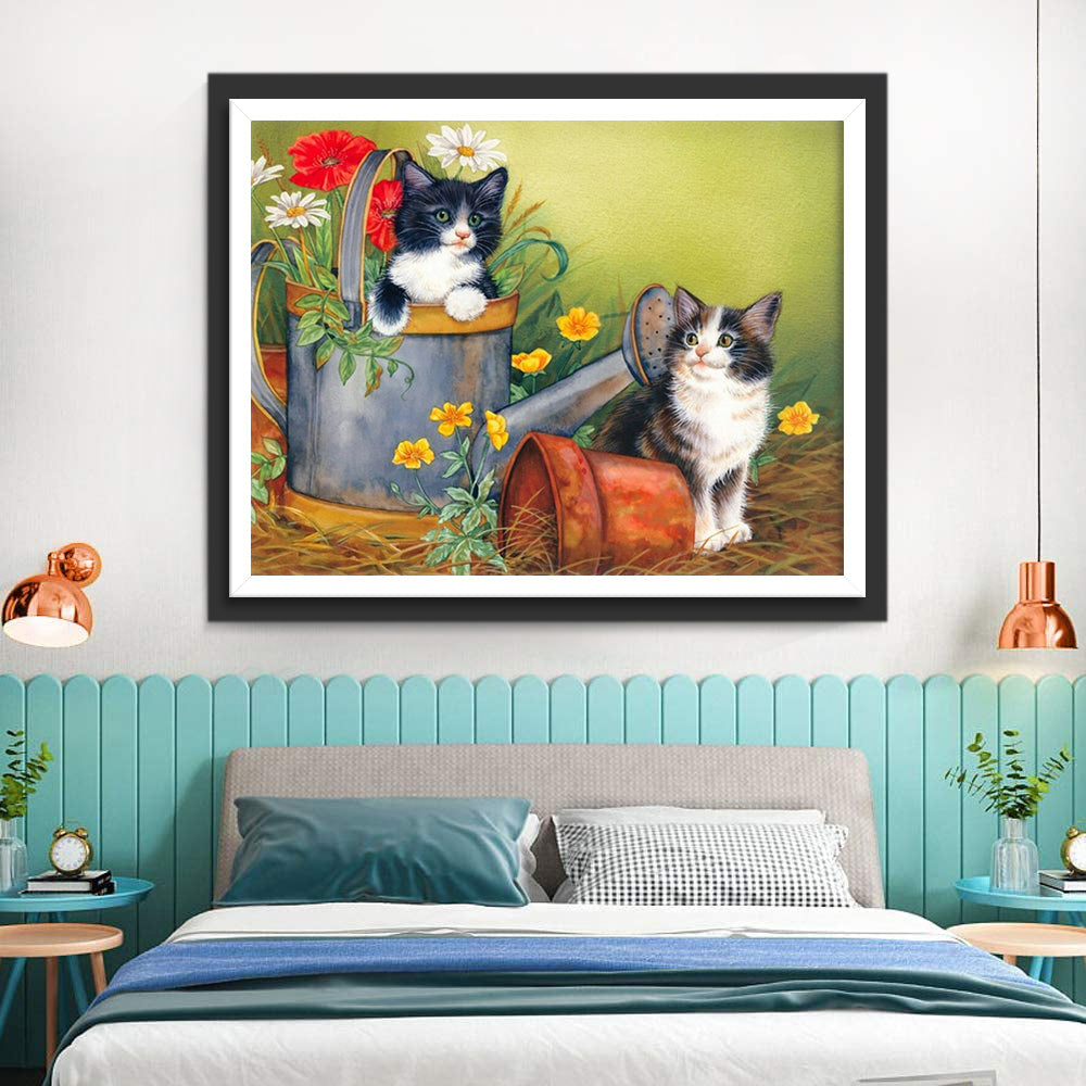Katten naast de Potplanten en in de Gieter Diamond Painting