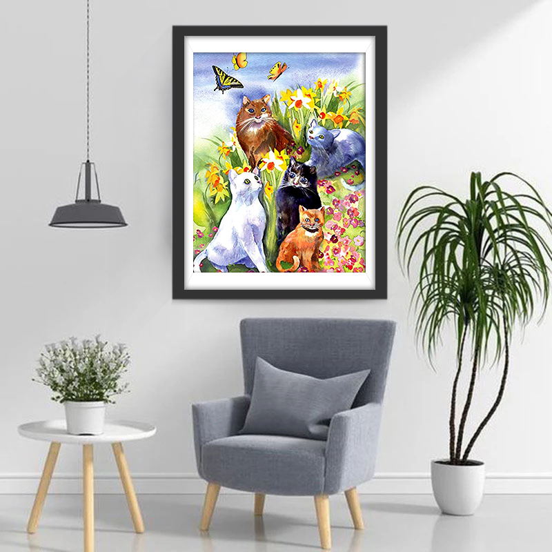Katten Spelen met Vlinders in Bloemen Diamond Painting