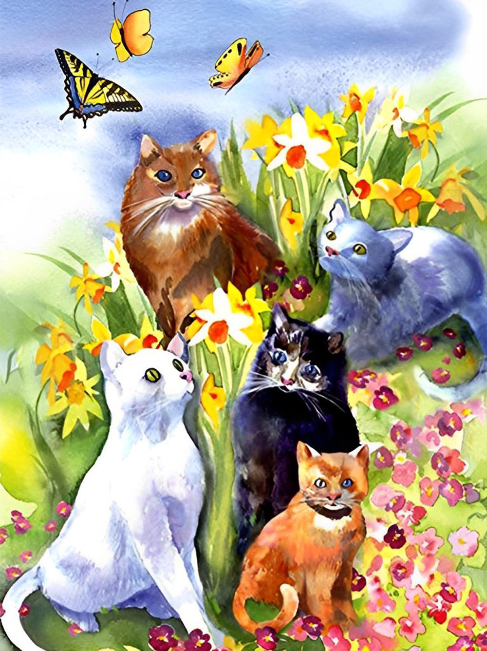 Katten Spelen met Vlinders in Bloemen Diamond Painting