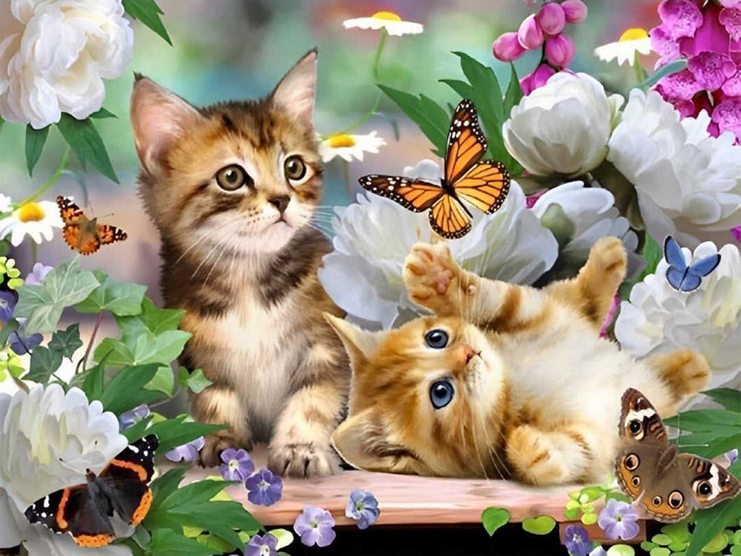 Katten Spelen met Vlinders in een Bloemenstruik Diamond Painting