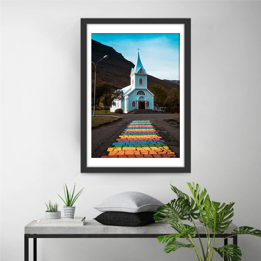Kerkje met Regenboogweg naar de Deur Diamond Painting