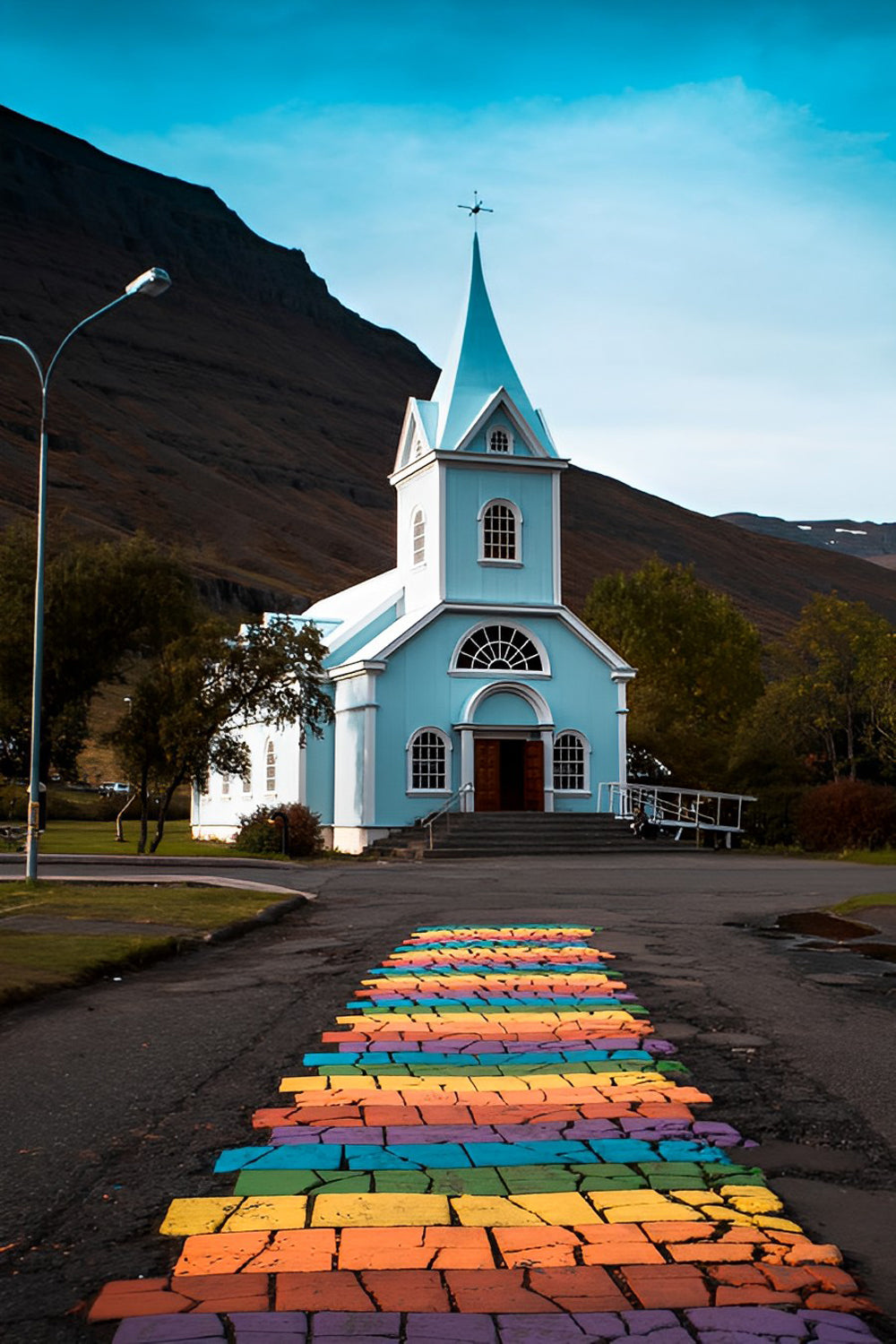 Kerkje met Regenboogweg naar de Deur Diamond Painting